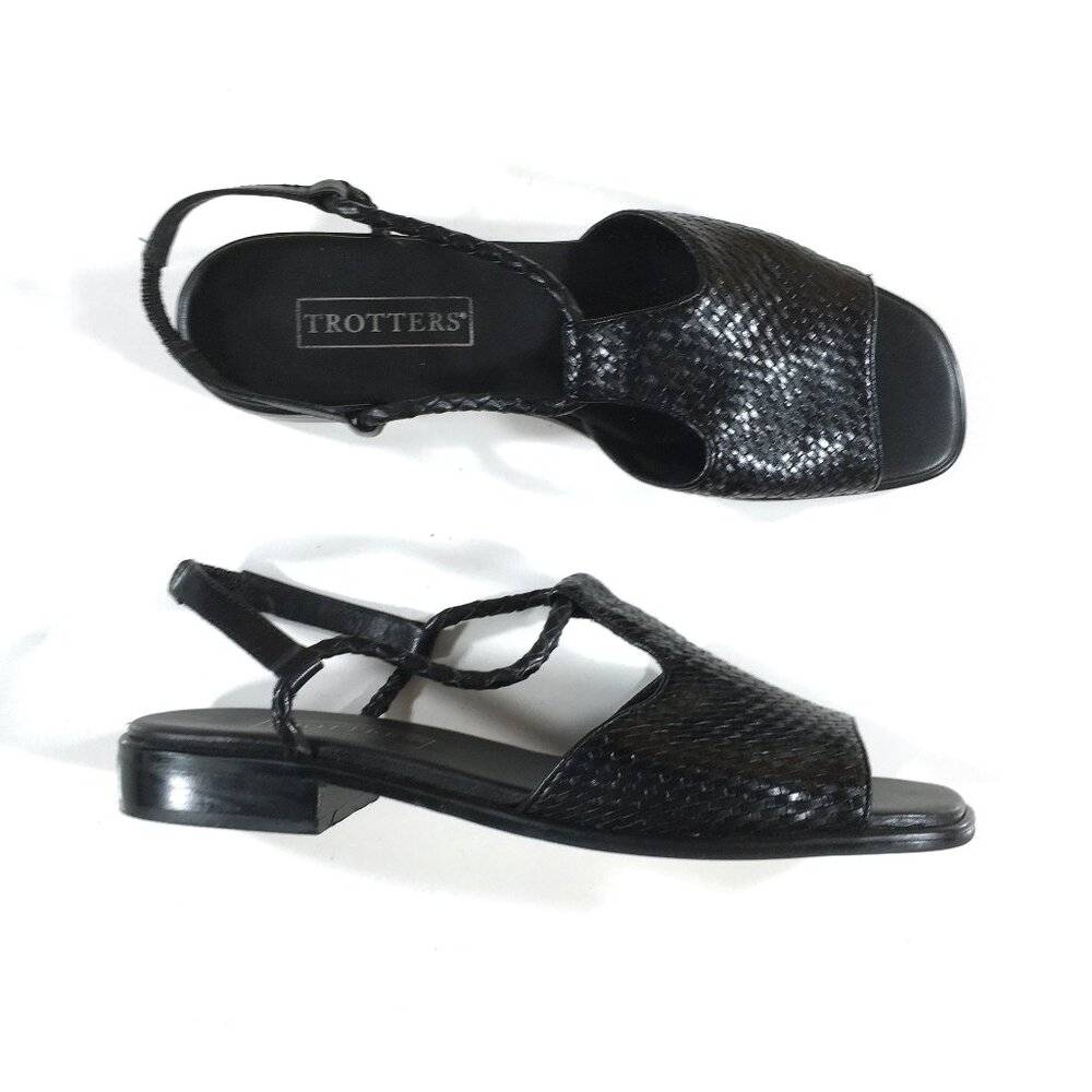 Trotters Black Woven Leather Slingback Sandals